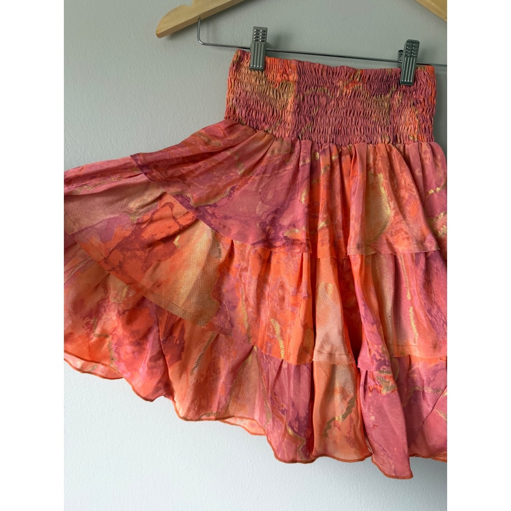 Pahiesa Formentera Silk Mini Skirt XS Tiered Smocked Ruffle Boho - Picture 9 of 12
